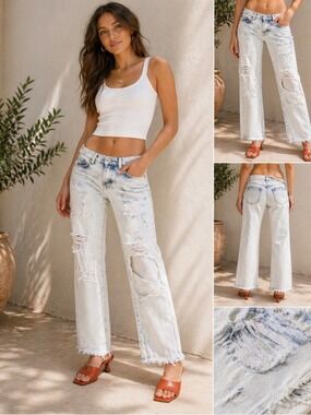 NWT Carmar cool jeans Tie dye Ecru Kevin style Ankle Ripped Destroyed raw hem 26